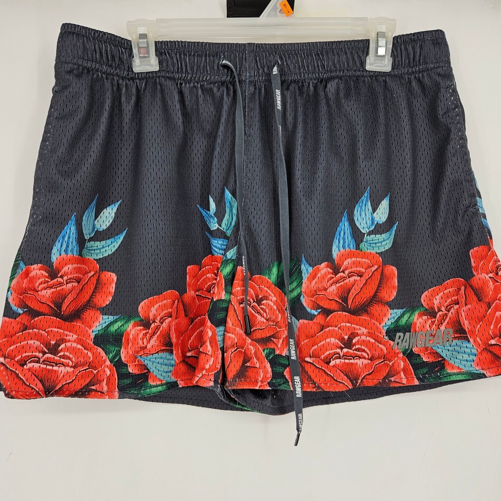 Rawgear Shorts Mens Large Roses Floral Black Mesh Pockets Drawstring